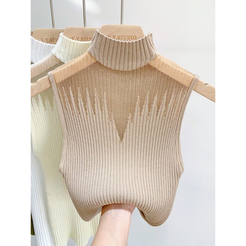 Half high neck perspective sleeveless top半高领透视无袖上衣 - 实物图