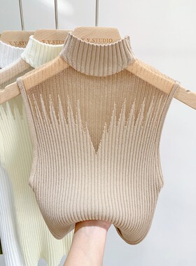 Half high neck perspective sleeveless top半高领透视无袖上衣