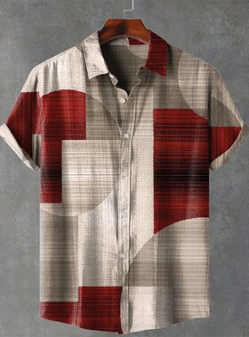 男士印花格子短袖开衫Printed checkered short sleeved cardigan