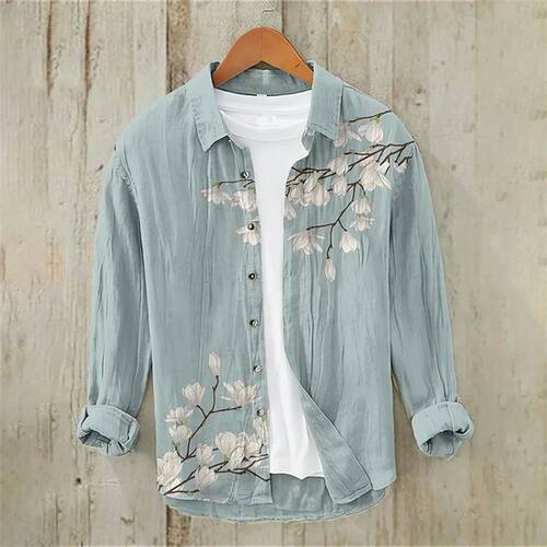 翻领纽扣印花长袖衬衫Flip collar printed long sleeved T-shirt