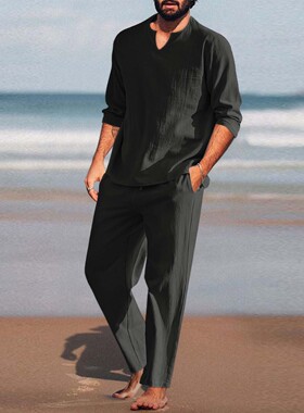 Men's Solid Long Sleeve Breathable Set男休闲纯色长袖透气套装