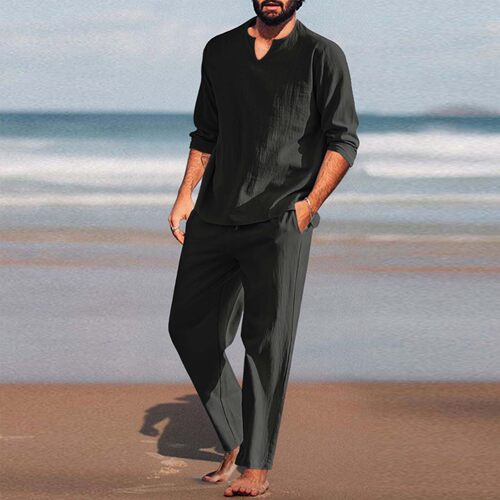 Men's Solid Long Sleeve Breathable Set男休闲纯色长袖透气套装