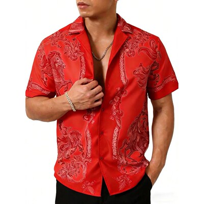 拼色印花排扣单襟男士衬衫