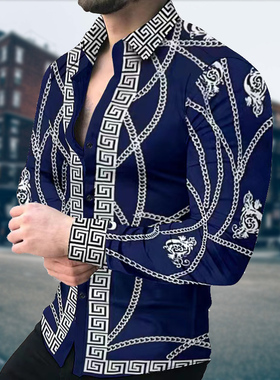 Loose fitting shirt printed long sleeved shirt宽松印花衬衫男