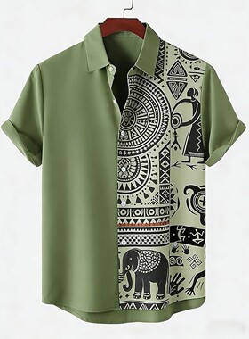 拼色印花开衫衬衣Color blocked printed cardigan shirt for men