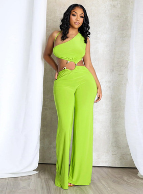 Slanted shoulder sleeveless jumpsuit纯色斜肩无袖镂空连体长裤