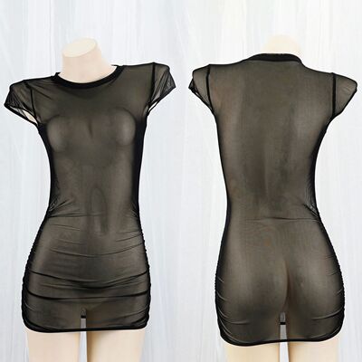 Round neck transparent mesh dress short skirt圆领网纱连衣裙