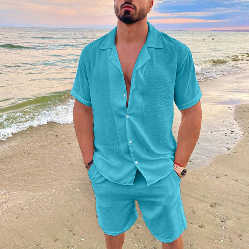 Men's casual solid color short sleeved set男休闲纯色短袖套装