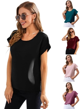 Solid Curled Pullover Short Sleeve Top女纯色卷边套头短袖上衣