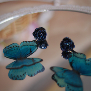 《庄生晓梦》法式梦幻蓝色蝴蝶花朵耳环氛围感超仙幻彩气质耳夹女