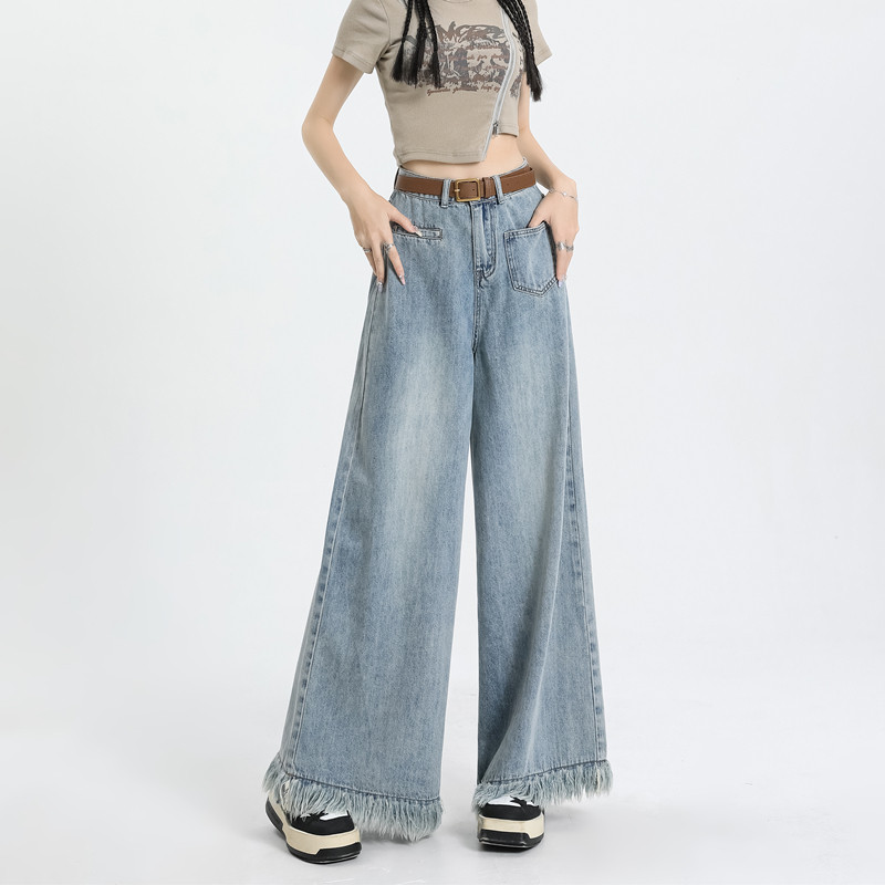 浅蓝色2025新款复古做旧牛仔裤女高个子阔腿大喇叭长裤流苏拖地裤