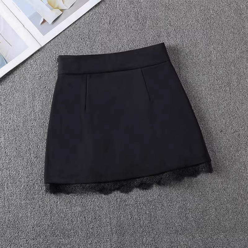 黑色西装半身裙女2025春秋新款高腰小个子蕾丝拼接a字包臀短裙子
