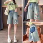 撞色五分牛仔短裤 子 高腰显瘦破洞a字辣妹5分热裤 女夏薄款 2025新款