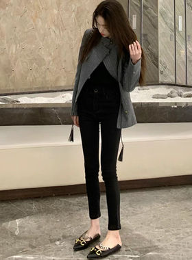 黑色弹力秋冬加绒小脚牛仔裤女