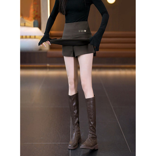 黑色开叉毛呢半身裙女2025秋冬新款高腰爆款小香风a字包臀短裙裤