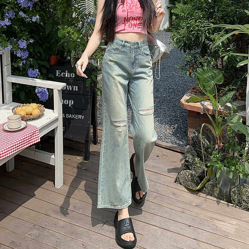破洞九分微喇牛仔裤女夏天薄款图片