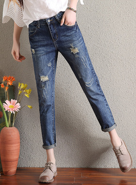 宽松阔腿bf破洞牛仔裤女夏155九分裤韩版高腰学生百搭休闲直筒裤