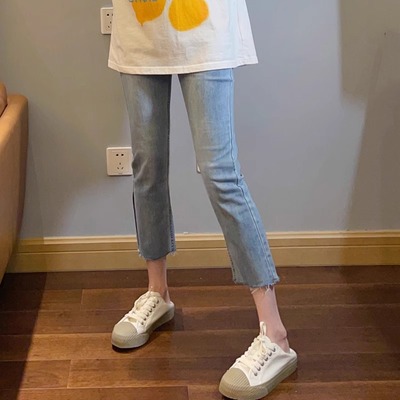 毛边直筒牛仔裤女八分烟管裤弹力