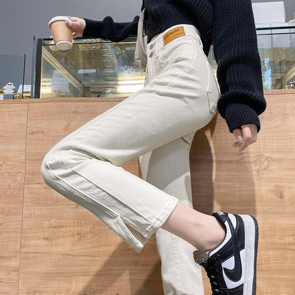 白色牛仔裤女高腰直筒裤春季2025新款开叉烟管裤小个子8分设计感