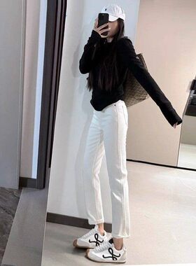 白色高腰烟管直筒牛仔裤女2026春