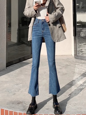 深蓝色微喇牛仔裤女春夏薄款微喇