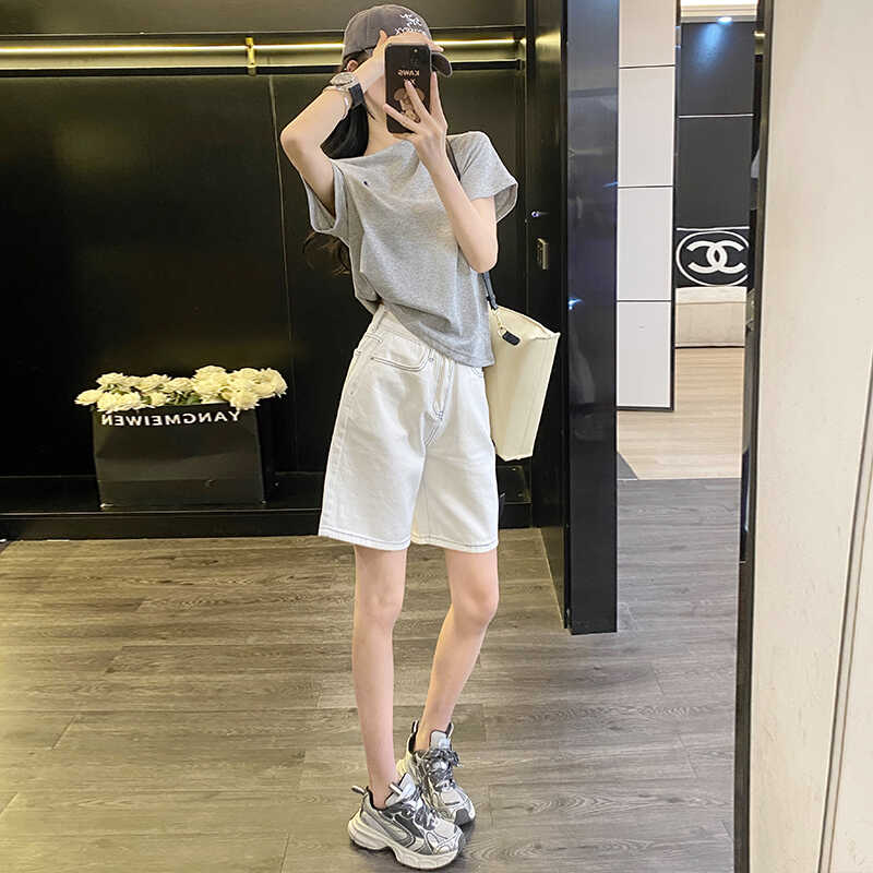 白色直筒五分裤女夏薄款2025新款高腰宽松显瘦牛仔短裤阔腿中裤潮