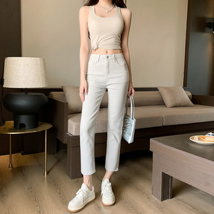 2026新款夏季灰白色直筒牛仔裤女高腰宽松显瘦九分窄版烟管裤子