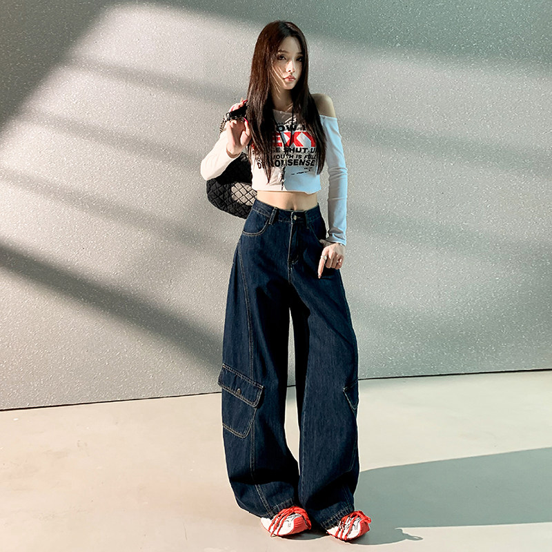 美式高腰深色多口袋工装阔腿牛仔裤女2025秋高腰宽松显瘦直筒拖地,女装/女士精品,牛仔裤,淘宝优惠券,粉丝福利购,淘宝优惠卷