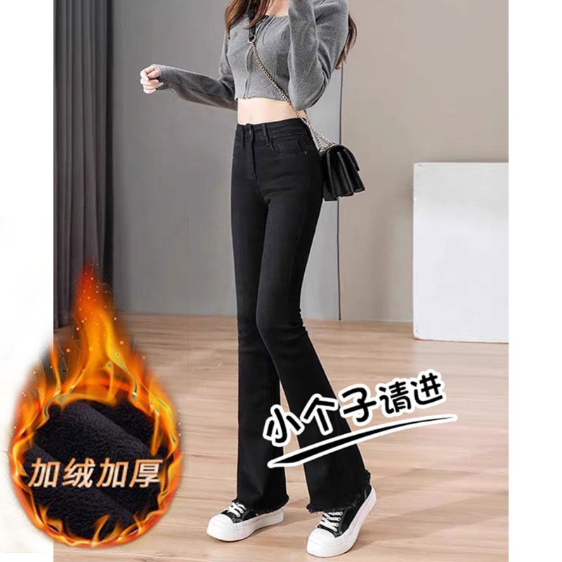 加绒小个子八九分微喇叭牛仔裤女
