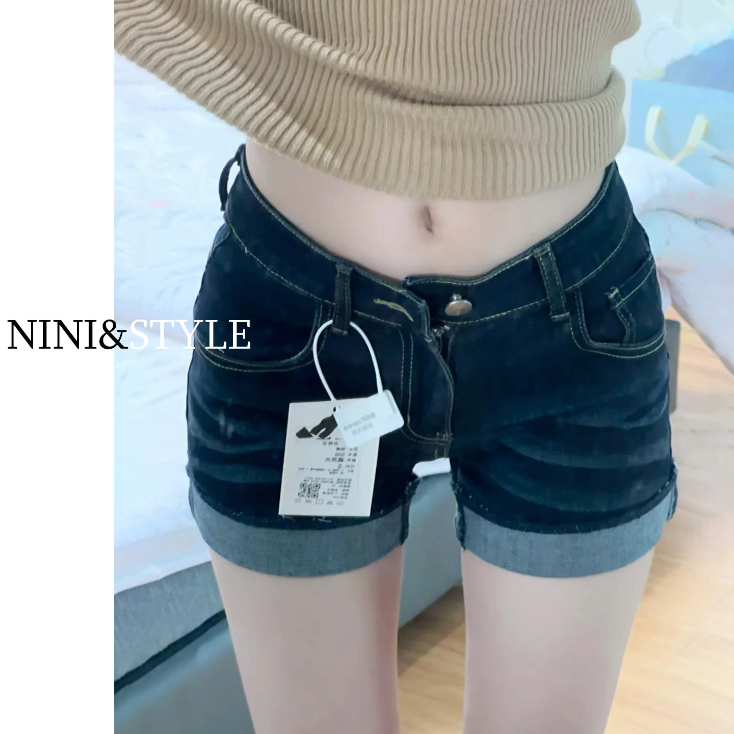 深蓝色牛仔短裤女2026春夏新款高腰显瘦美式辣妹紧身卷边a字热裤