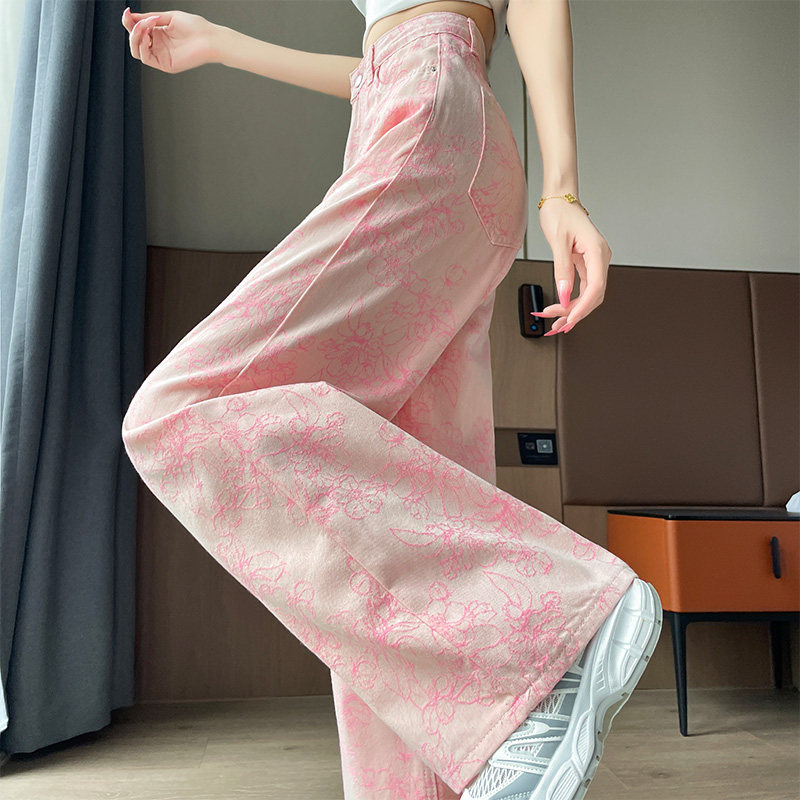 粉色天丝提花阔腿牛仔裤女2026夏薄款国风立体刺绣花小个子拖地裤