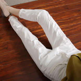 百搭哈伦宽松9分小脚裤 超柔软春秋新款 韩 女九分裤 白色破洞牛仔裤