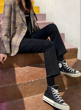 黑色直筒牛仔裤女弹力秋冬加绒高腰显瘦宽松chic小个子九分烟管裤