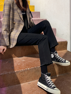 黑色直筒牛仔裤女弹力秋冬加绒高腰显瘦宽松chic小个子九分烟管裤