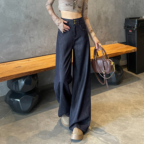 深蓝美式高腰显瘦阔腿牛仔裤女