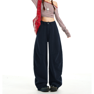 美式复古弯刀阔腿工装牛仔裤女2025秋冬加绒高街宽松直筒拖地裤子