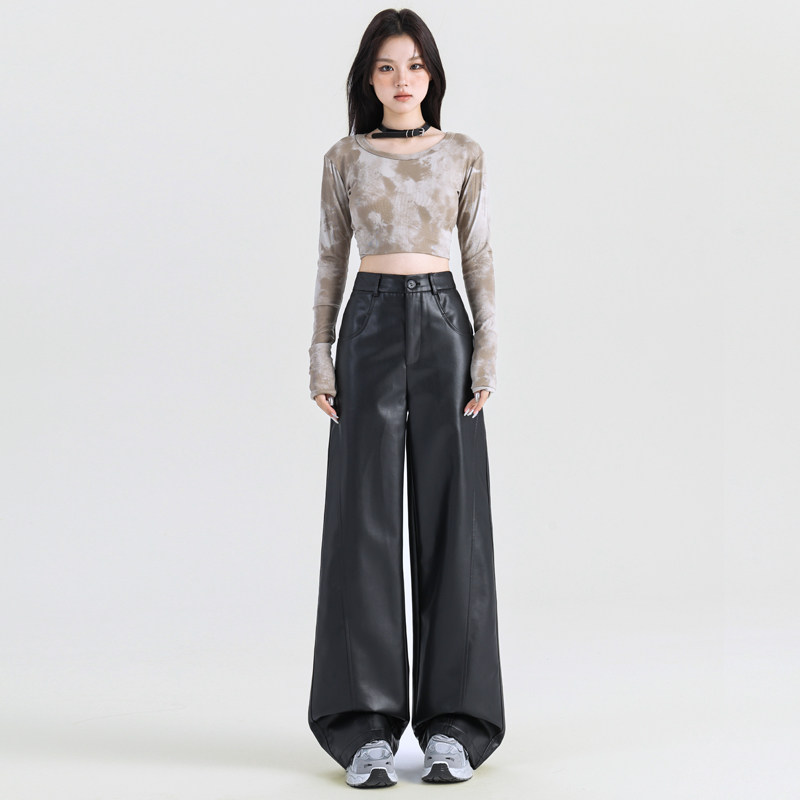 黑色皮裤直筒阔腿裤女秋季2025新款高腰宽松慵懒风美式PU休闲长裤,女装/女士精品,休闲裤,淘宝优惠券,粉丝福利购,淘宝优惠卷