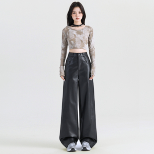 黑色皮裤直筒阔腿裤女秋季2025新款高腰宽松慵懒风美式PU休闲长裤