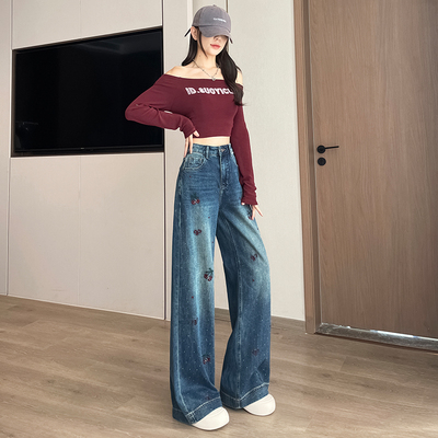 刺绣喇叭牛仔裤女2025年秋冬加绒