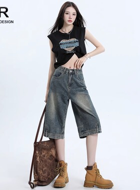美式设计感倒装阔腿牛仔短裤女夏季2026年新款宽松显瘦直筒六分裤