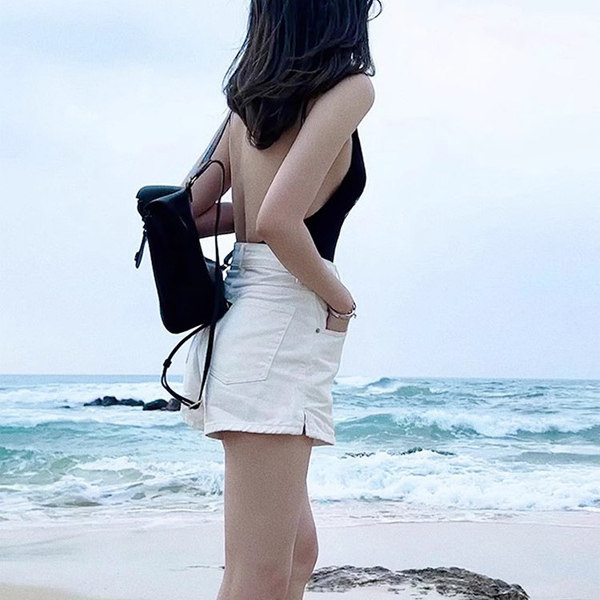 白色高腰牛仔短裤女夏季开叉阔腿