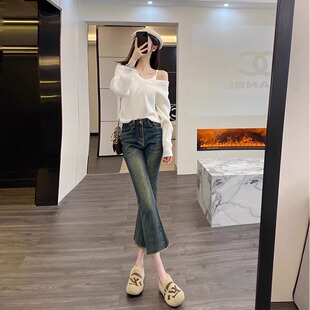 美式高腰复古怀旧微喇叭牛仔裤女九分小个子修身毛边鱼尾喇叭裤子