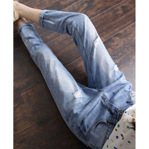 破洞牛仔裤女春夏薄款九分哈伦裤