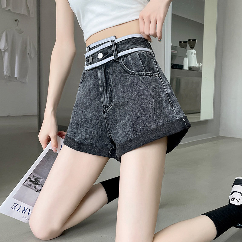 烟灰色不规则高腰牛仔短裤女夏季a字宽松显瘦交叉腰辣妹ins潮热裤