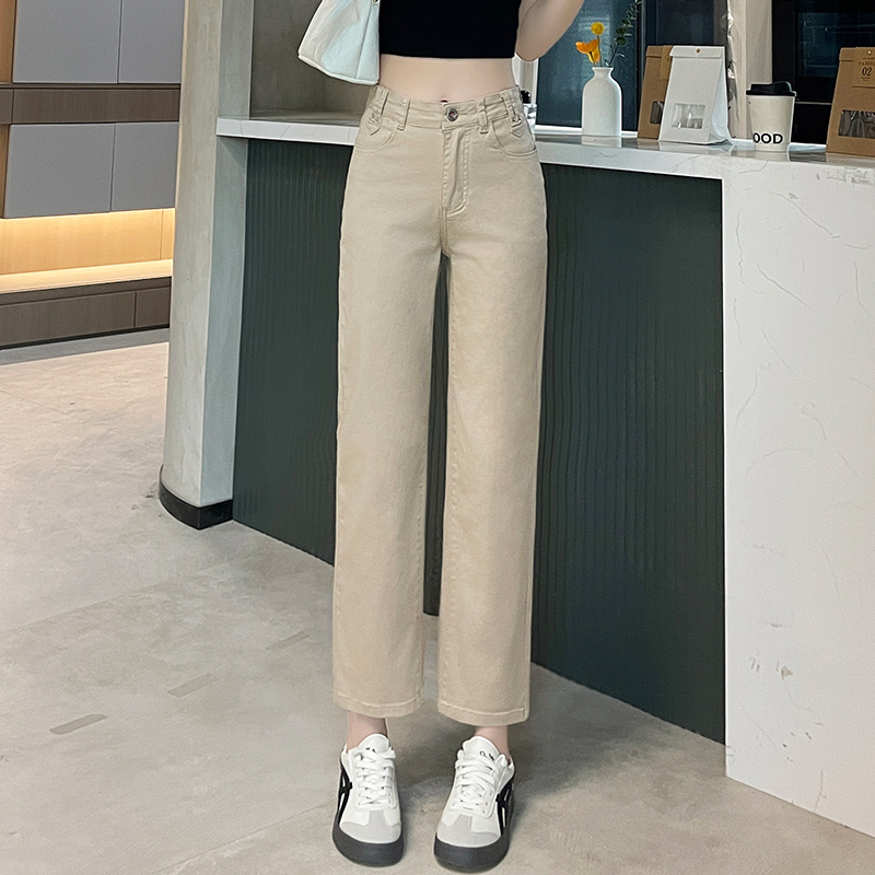 卡其色烟管牛仔裤女2025夏季新款高腰小个子九分显瘦白色直筒裤子