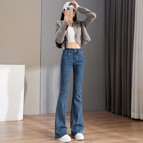 复古蓝高腰微喇叭牛仔裤女