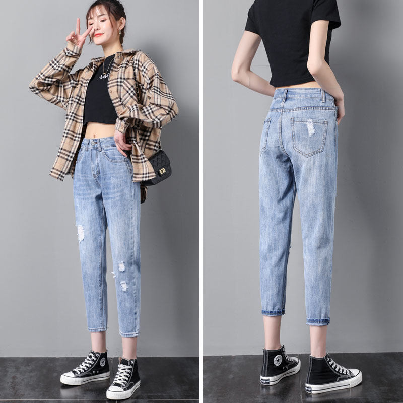 150cm牛仔裤女直筒水洗破洞浅色九分哈伦裤薄款宽松乞丐裤老爹裤