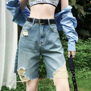 大码复古辣妹五分裤牛仔短裤女夏季中腰5分裤宽松直筒阔腿中裤子