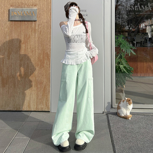 豚草绿色天丝阔腿牛仔裤女2025年新款夏季薄款垂感漂亮冰丝直筒裤