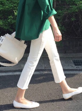 白色牛仔裤女小个子八分裤子显瘦纯棉弹力直筒烟管裤休闲春秋加绒